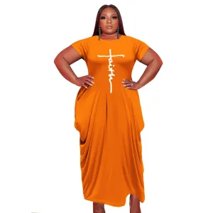 S-5XL Women Plus Size Graphic Printed Round Neck Short Sleeve Irregular Hem Dress