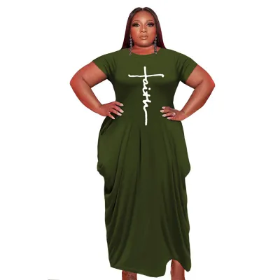 S-5XL Women Plus Size Graphic Printed Round Neck Short Sleeve Irregular Hem Dress