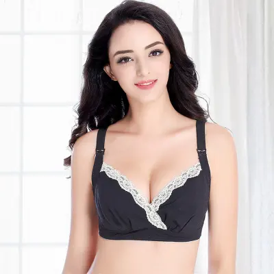 M-XL Maternity Basic Color Blocking Lace Patchwork Bralette Front Button Nursing Bra