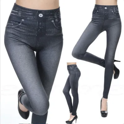 Women Casual Pocket Design Imitation Denim Cropped Leggings