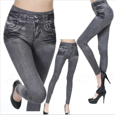 Women Casual Pocket Design Imitation Denim Cropped Leggings