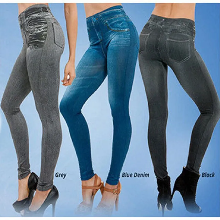 Women Casual Pocket Design Imitation Denim Cropped Leggings