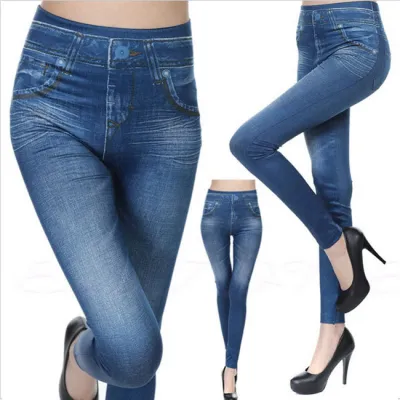 Women Casual Pocket Design Imitation Denim Cropped Leggings