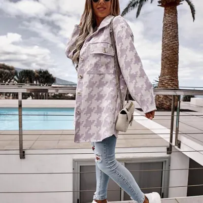 S-3XL Women Casual Winter Autumn Long-sleeve Lapel Houndstooth Pattern Single Breasted Loose Shacket