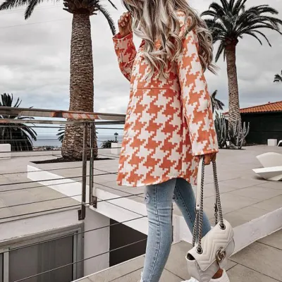S-3XL Women Casual Winter Autumn Long-sleeve Lapel Houndstooth Pattern Single Breasted Loose Shacket