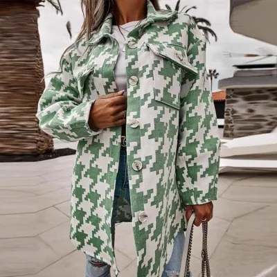 S-3XL Women Casual Winter Autumn Long-sleeve Lapel Houndstooth Pattern Single Breasted Loose Shacket