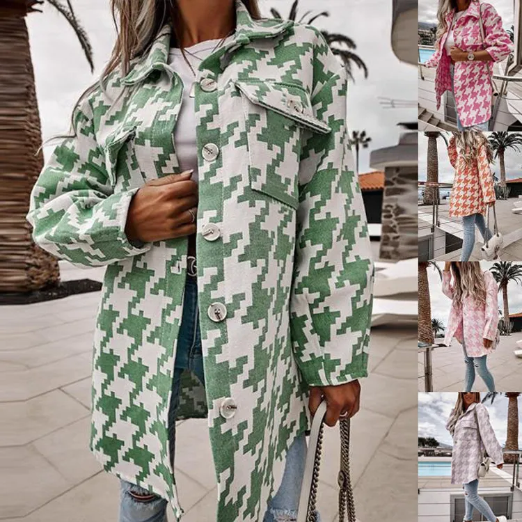 S-3XL Women Casual Winter Autumn Long-sleeve Lapel Houndstooth Pattern Single Breasted Loose Shacket