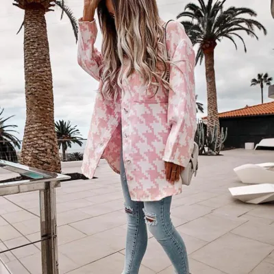 S-3XL Women Casual Winter Autumn Long-sleeve Lapel Houndstooth Pattern Single Breasted Loose Shacket