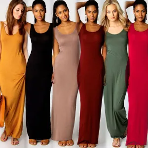 Women Sleeveless Sling Maxi Dress Casual Street Solid Color