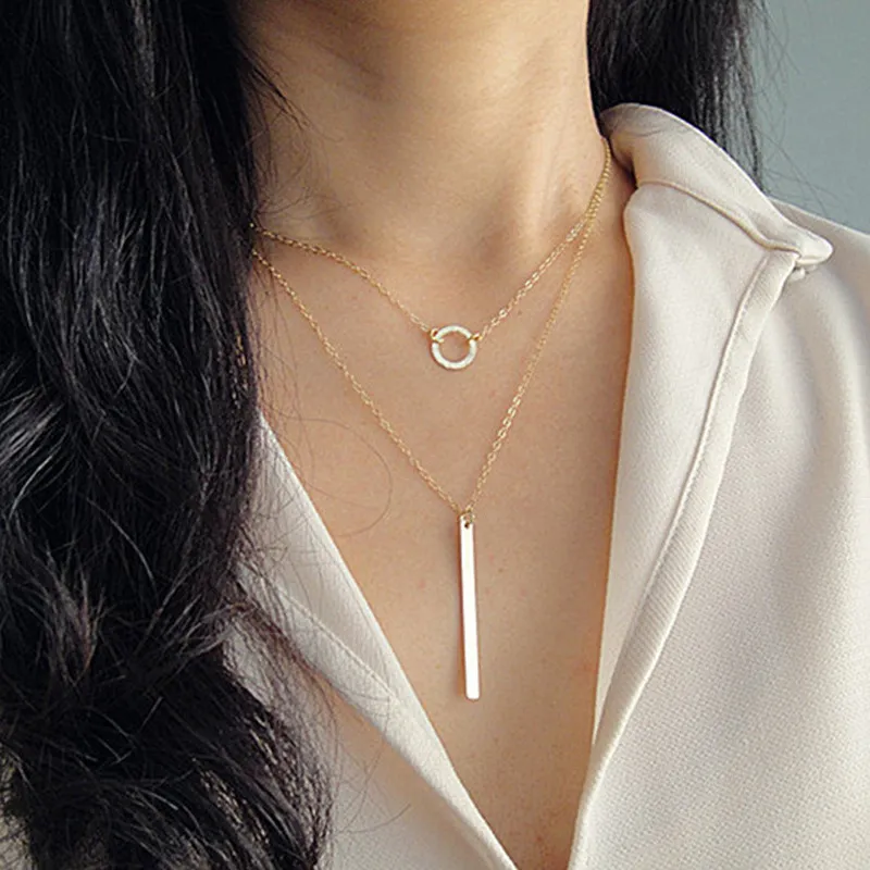 Double-layer Circle Metal Bar Pendant Necklace for Women