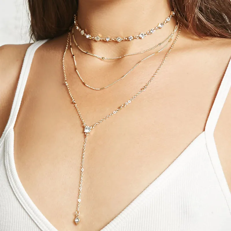 Y-Shaped Rhinestone Decor Women Multilayer Necklace Alloy Copper Crystal Geometric