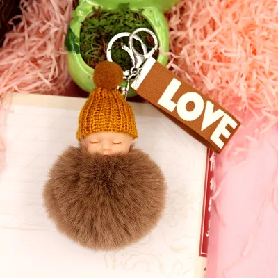 Cute Sleeping Doll Plush Letter Ribbon Fur Ball Key Chain