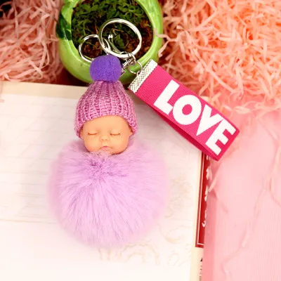Cute Sleeping Doll Plush Letter Ribbon Fur Ball Key Chain