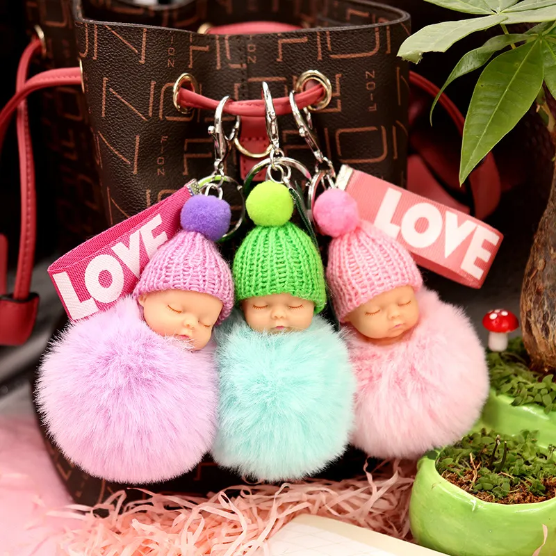Cute Sleeping Doll Plush Letter Ribbon Fur Ball Key Chain