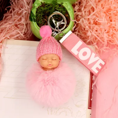 Cute Sleeping Doll Plush Letter Ribbon Fur Ball Key Chain
