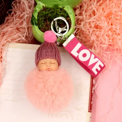 Cute Sleeping Doll Plush Letter Ribbon Fur Ball Key Chain