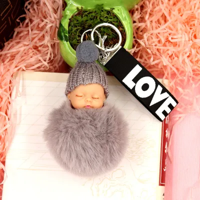 Cute Sleeping Doll Plush Letter Ribbon Fur Ball Key Chain