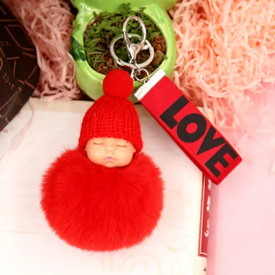Cute Sleeping Doll Plush Letter Ribbon Fur Ball Key Chain