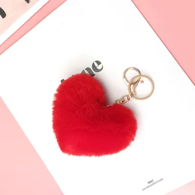 Love Heart Shape Fluffy Pendant Decor Key Chain Alloy Nylon