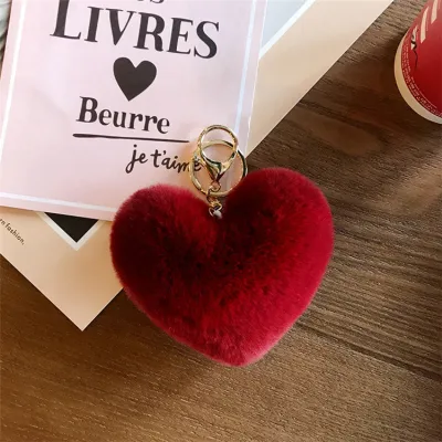 Love Heart Shape Fluffy Pendant Decor Key Chain Alloy Nylon