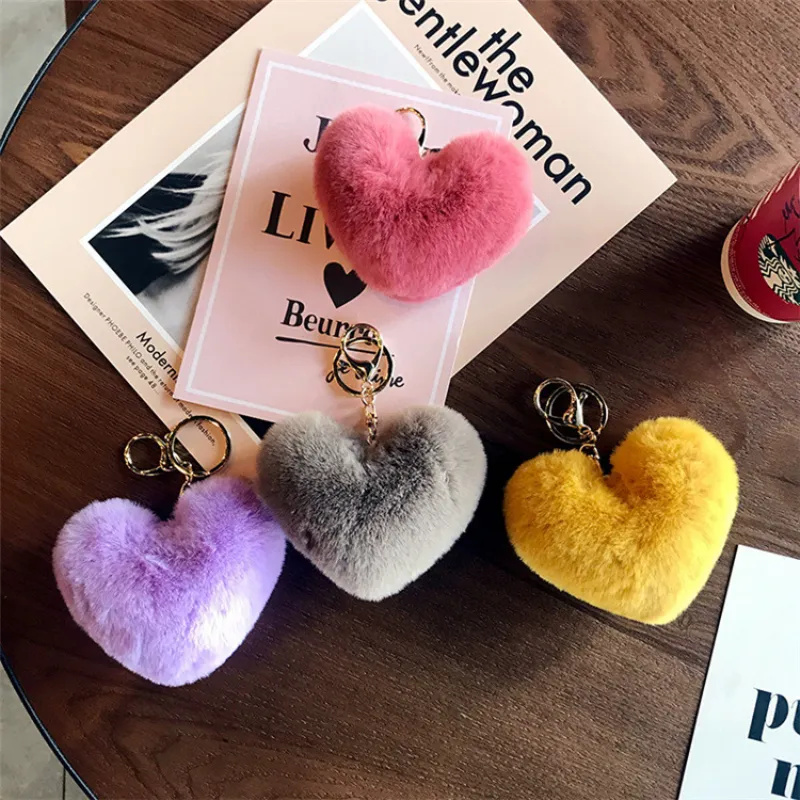 Love Heart Shape Fluffy Pendant Decor Key Chain Alloy Nylon