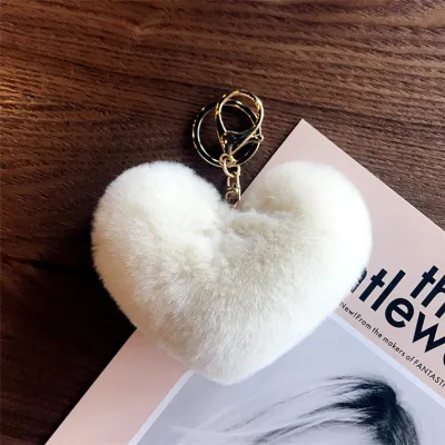 Love Heart Shape Fluffy Pendant Decor Key Chain Alloy Nylon