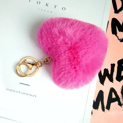 Love Heart Shape Fluffy Pendant Decor Key Chain Alloy Nylon