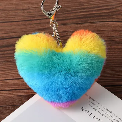 Love Heart Shape Fluffy Pendant Decor Key Chain Alloy Nylon
