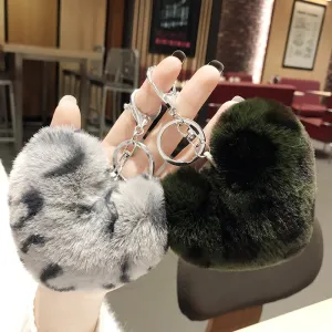 Love Heart-shaped Leopard Pompom Ball Metal Key Chain