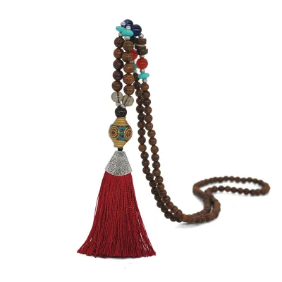 Women Ethnic Beaded Tassel Pendant Necklace Nepalese Wooden Beads
