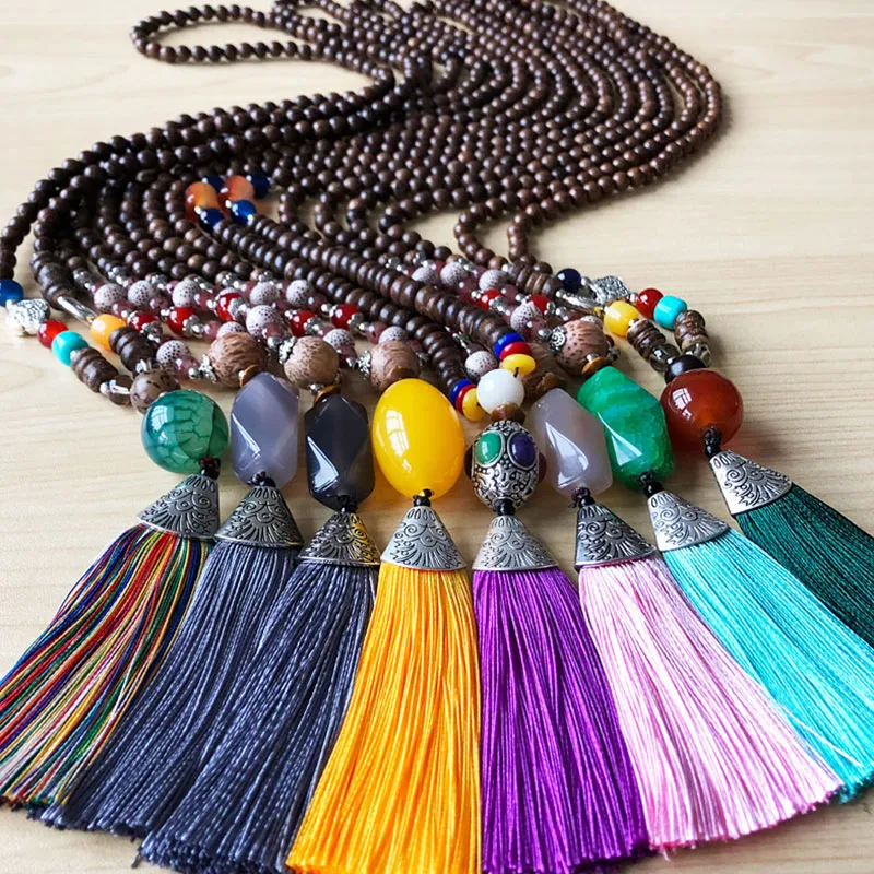 Women Ethnic Beaded Tassel Pendant Necklace Nepalese Wooden Beads