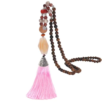 Women Ethnic Beaded Tassel Pendant Necklace Nepalese Wooden Beads