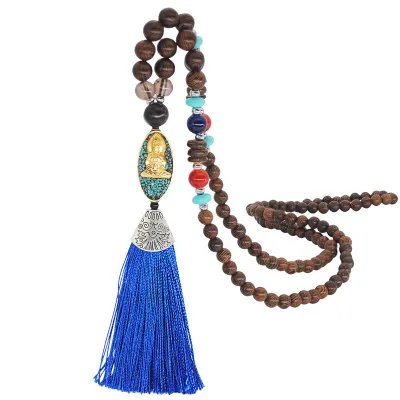 Women Ethnic Beaded Tassel Pendant Necklace Nepalese Wooden Beads