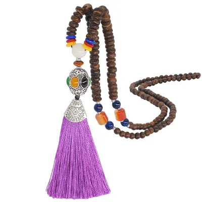 Women Ethnic Beaded Tassel Pendant Necklace Nepalese Wooden Beads