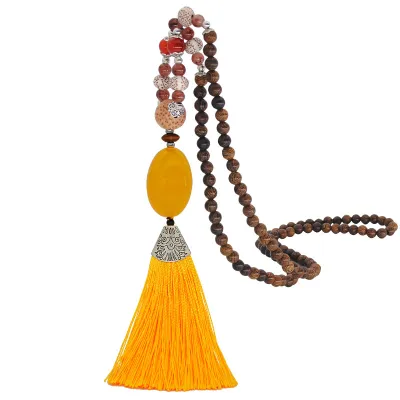 Women Ethnic Beaded Tassel Pendant Necklace Nepalese Wooden Beads
