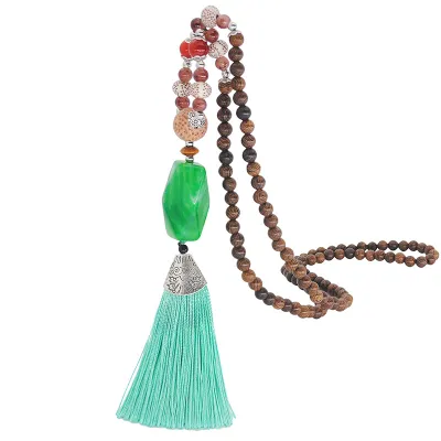 Women Ethnic Beaded Tassel Pendant Necklace Nepalese Wooden Beads