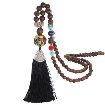 Women Ethnic Beaded Tassel Pendant Necklace Nepalese Wooden Beads