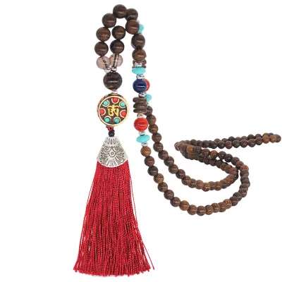 Women Ethnic Beaded Tassel Pendant Necklace Nepalese Wooden Beads