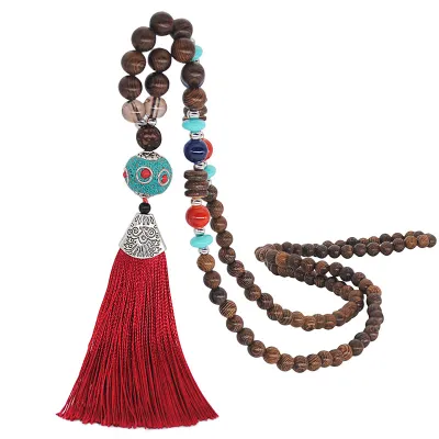 Women Ethnic Beaded Tassel Pendant Necklace Nepalese Wooden Beads