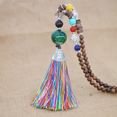 Women Ethnic Beaded Tassel Pendant Necklace Nepalese Wooden Beads