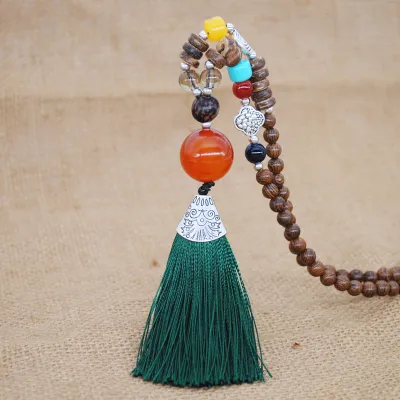 Women Ethnic Beaded Tassel Pendant Necklace Nepalese Wooden Beads