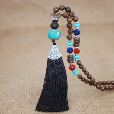 Women Ethnic Beaded Tassel Pendant Necklace Nepalese Wooden Beads