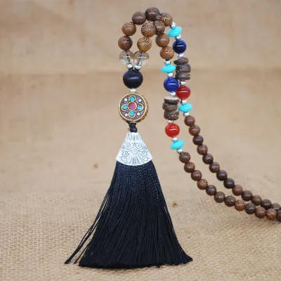 Women Ethnic Beaded Tassel Pendant Necklace Nepalese Wooden Beads