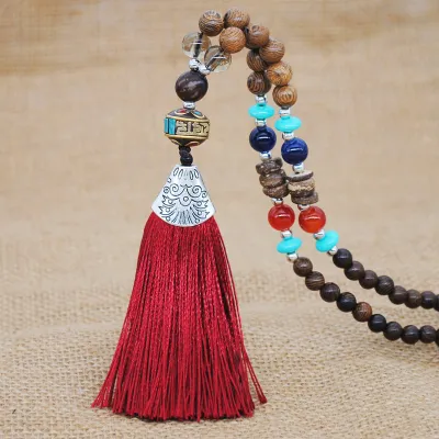 Women Ethnic Beaded Tassel Pendant Necklace Nepalese Wooden Beads