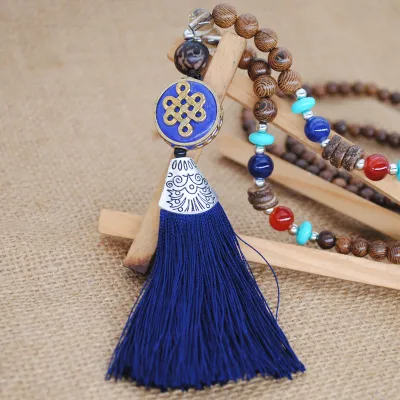 Women Ethnic Beaded Tassel Pendant Necklace Nepalese Wooden Beads