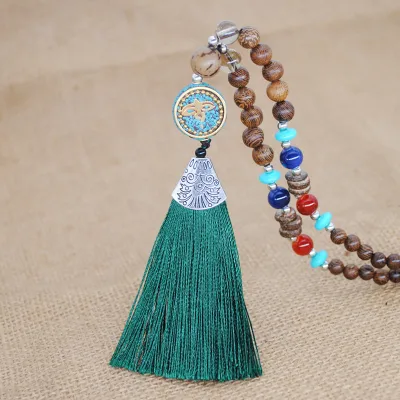 Women Ethnic Beaded Tassel Pendant Necklace Nepalese Wooden Beads