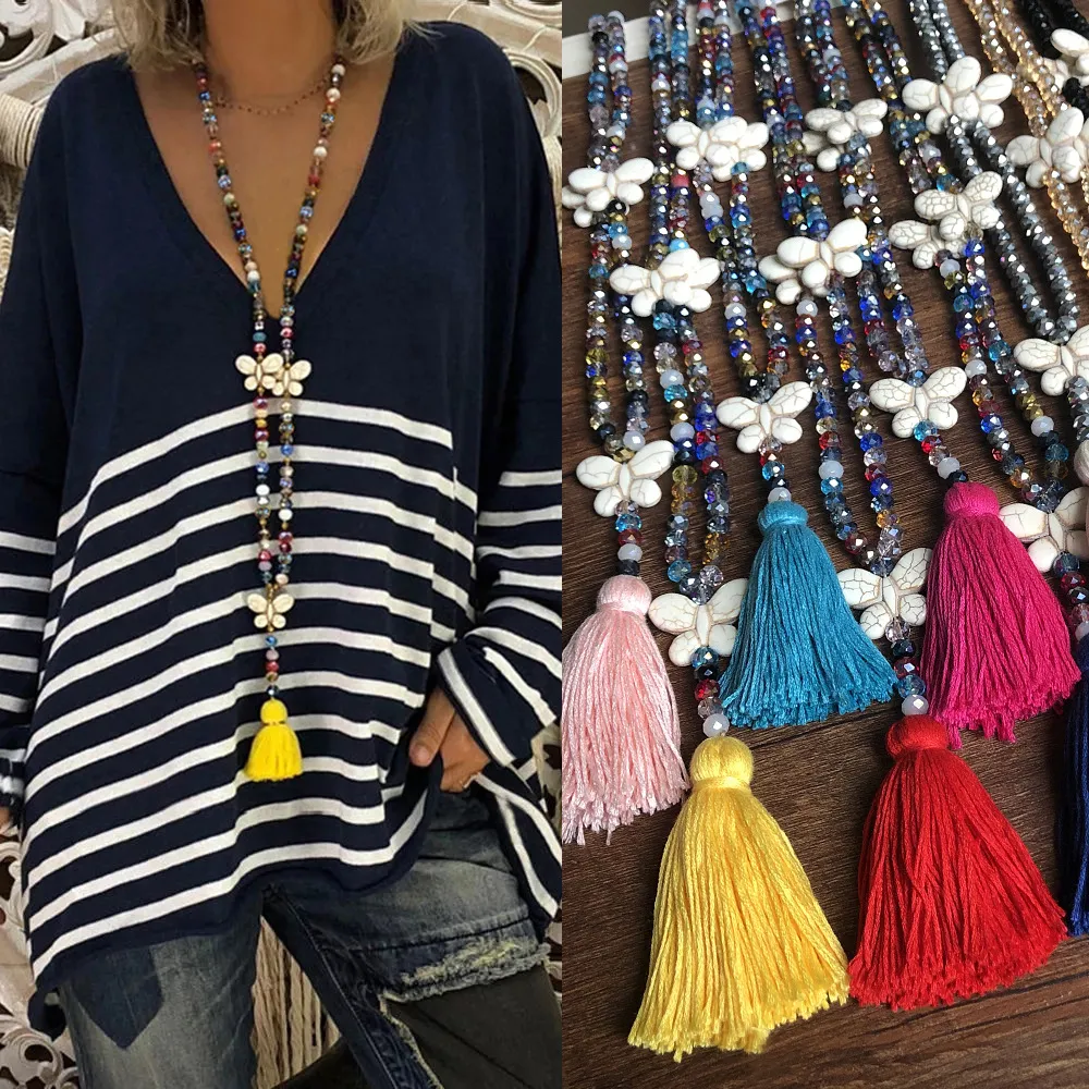 Multicolor Crystal Beads Turquoise Butterfly Tassel Pendant Necklace