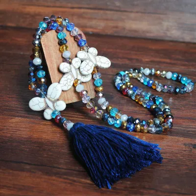 Multicolor Crystal Beads Turquoise Butterfly Tassel Pendant Necklace