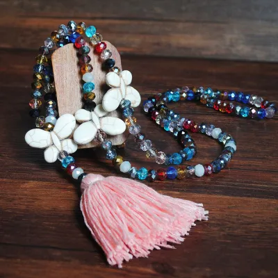 Multicolor Crystal Beads Turquoise Butterfly Tassel Pendant Necklace