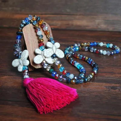 Multicolor Crystal Beads Turquoise Butterfly Tassel Pendant Necklace